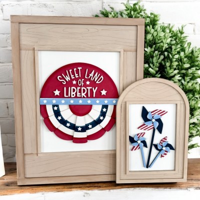 Unfinished kit pieces made to fit Framed Art and includes wooden MDF: *1-8x10" Back *1-5x7" Back *1- half circle *1 - scalloped circle with overlays *1- “SWEET LAND OF LIBERTY”  lasered words *3 - pin wheels with stars (small,medium,large) *1 - white vinyl stars and stripes