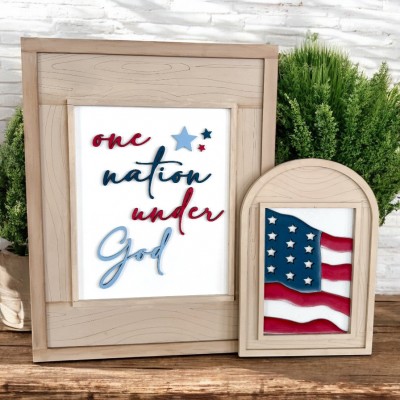 Unfinished kit pieces made to fit Framed Art and includes wooden MDF: *1-8x10" Back *1-5x7" Back *1- “ONE NATION UNDER GOD” lasered word *1 - Flag *3 - Stars