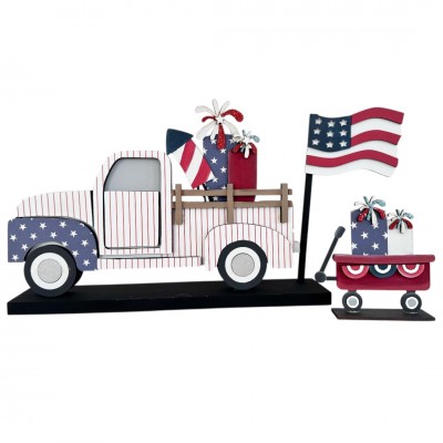 Unfinished kit measures apx.8" tall on flag and includes wooden MDF:
*1 - Flag with overlays
*1 - wagon with base
*1 - set of wagon fireworks with sparklers
*1 - bunting for wagon
*1 - set of fireworks for truck bed with sparkler overlays
*1 - dowel