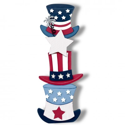 Unfinished kit measures apx 30" tall and includes wooden MDF:
*1 - set of 2 hats
*1 - set of  hat and star
*1 - big star overlay
*1 - firework
*14 - small star overlays
*1 brace