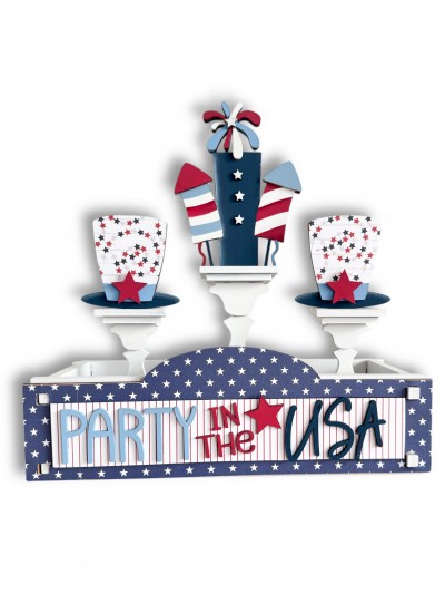 Unfinished Kit measures 13.5"x4.5" and includes wooden MDF:
*1 - arched back
*1 - “PARTY IN THE USA” lasered word
*1 - star